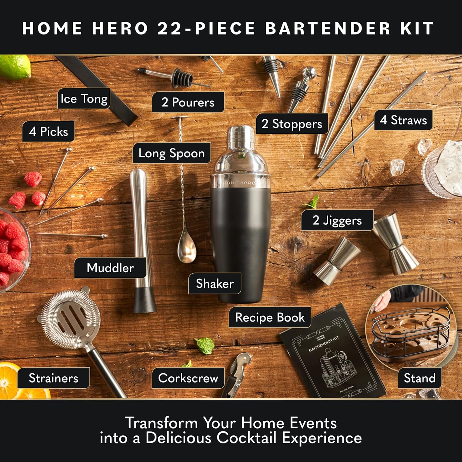 Home Hero Bartender Kit - 22-Piece Cocktail Shaker & Bar Tool Set - Wo