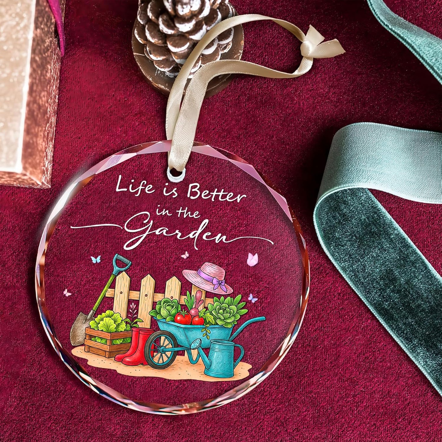 Life is Better in The Garden Ornament – Colorful Gardening Tools & Plants Design for Garden Lovers – Crystal Keepsake for Home or Garden Decor
