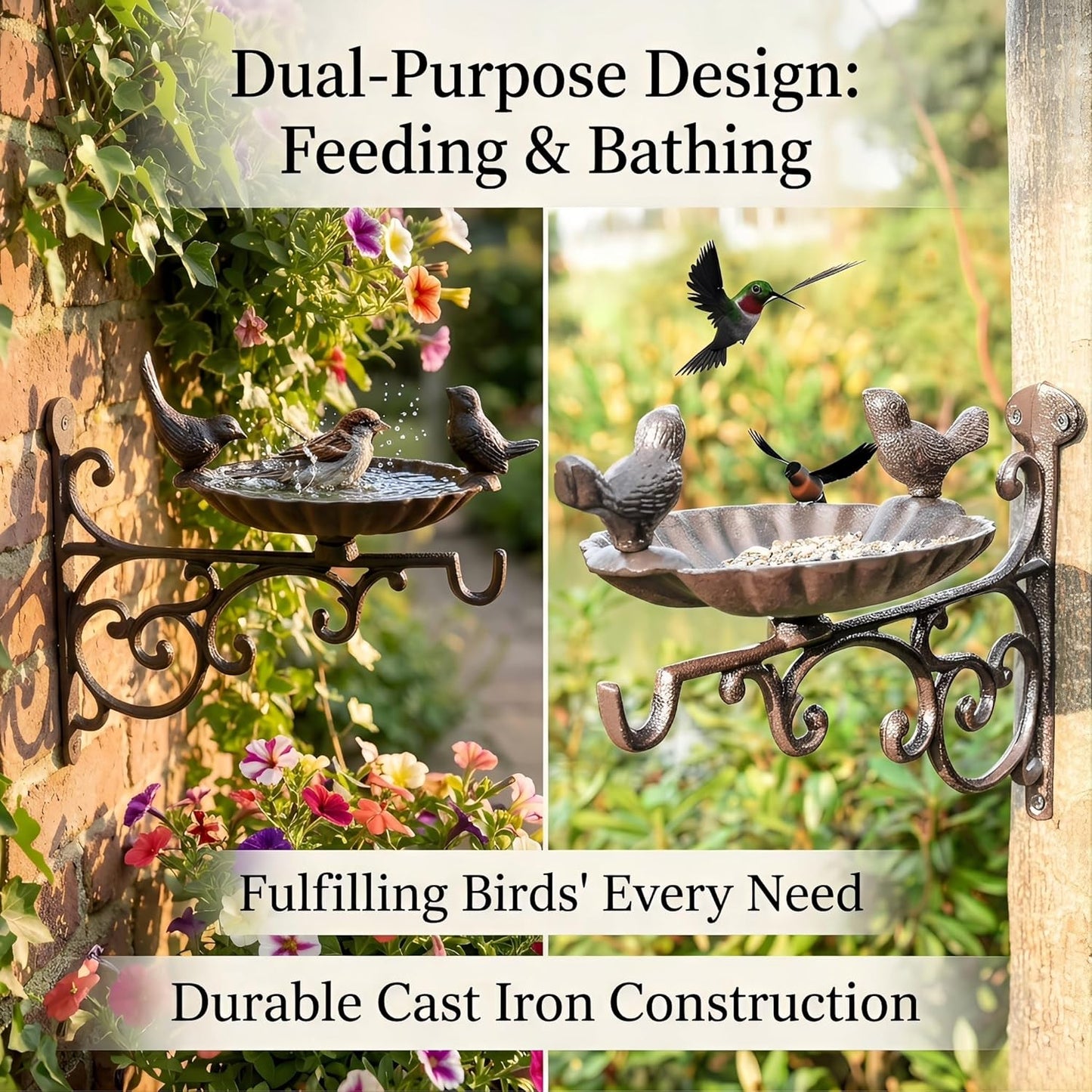 Cast Iron Bird Bath Feeder, Wall Mounted Bird Bath, Black Metal Garden Planter Hanger with Hanging Bracket, Wall Hook for Lanterns, Wind Chimes and More Garden Decorative Items