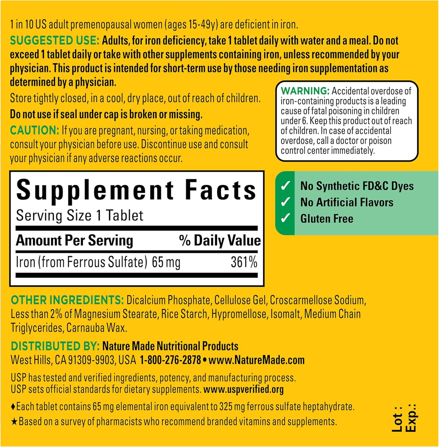 Nature Made Iron 65 mg (325 mg Ferrous Sulfate) Tablets, Iron Suppleme