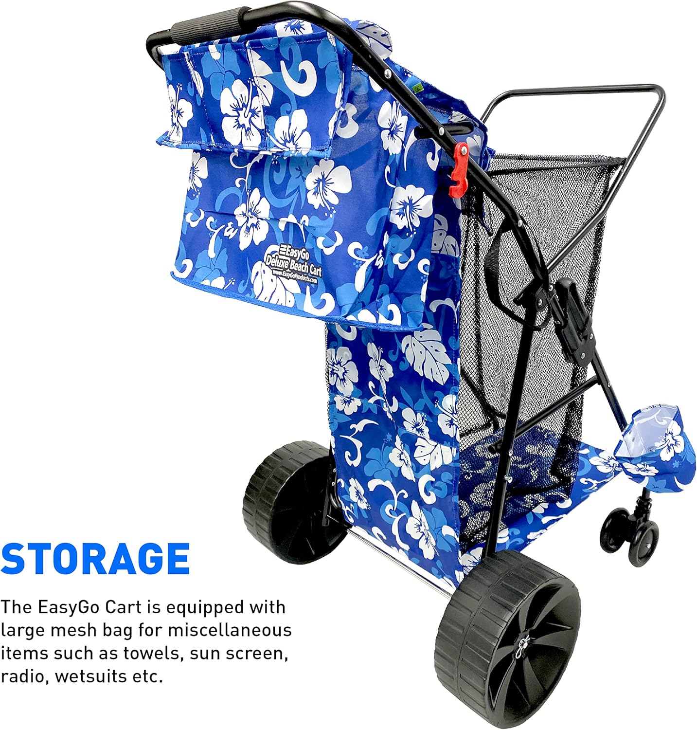 Beach Cart Deluxe Heavy Duty Folding Ocean Utility Large Sand Wheels Holds 4 Folding Chairs Umbrella Holder Removable Storage Bag – Premium Flower Pattern