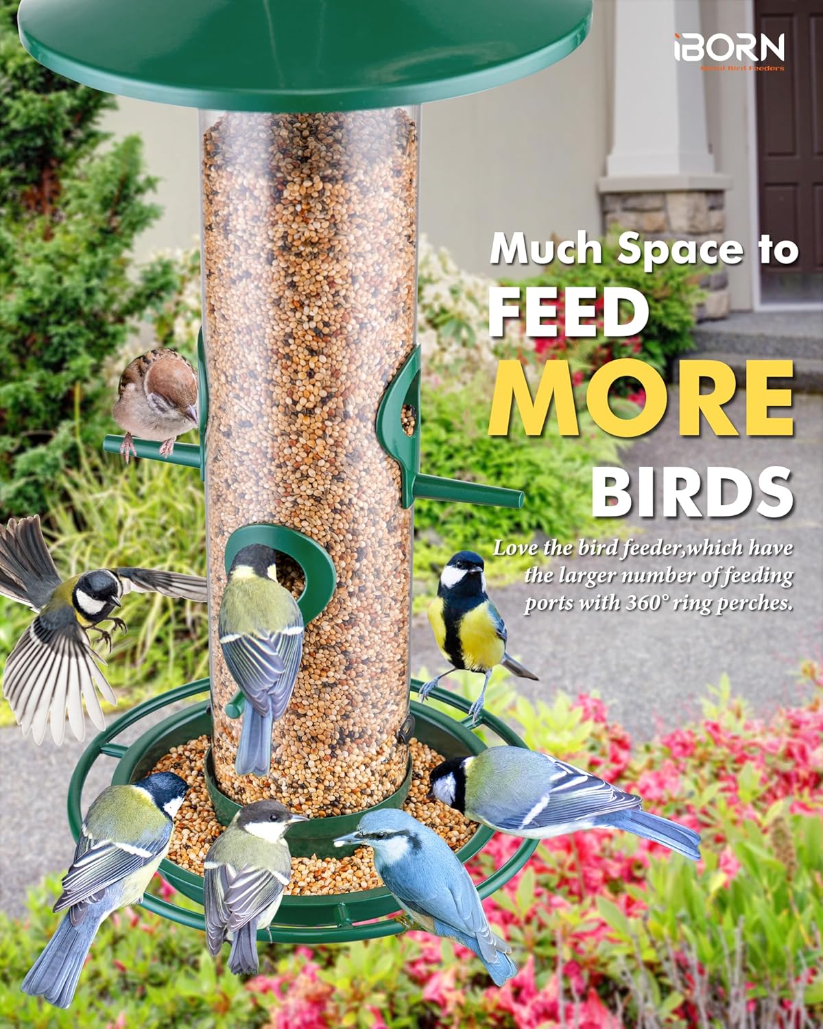 iBorn Bird Feeders for Outdoors, 2LB Metal Bird Feeders 17cm Large Roof &Tray, 4 Feeding Ports, Green Finish