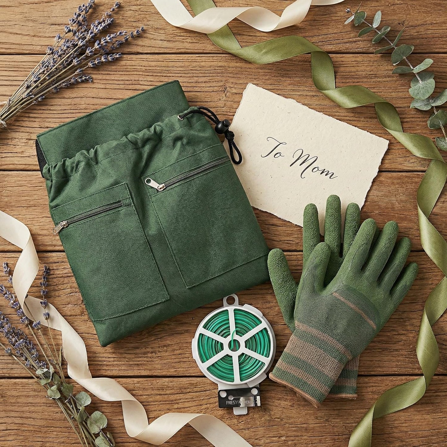 Garden Apron with Deep Pockets - Adjustable Waist Tool Apron & Organizer with Zipper Pouch - Includes Thorn Resistant Gloves & 65ft Plant Tie - Heavy Duty Gardening Gift Kit for Women & Men