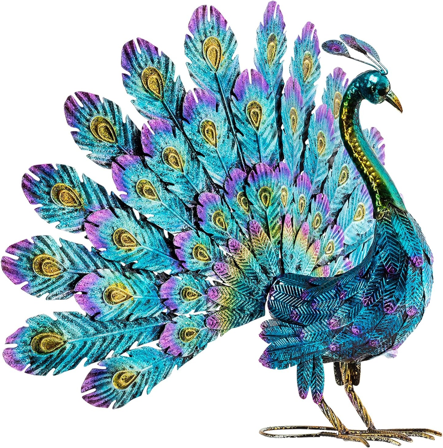 Alpine Corporation 23" Tall Outdoor Metallic Peacock Tail Spread Yard Statue, Vibrant Garden Sculpture for Patio, Lawn, or Entryway, Multicolor