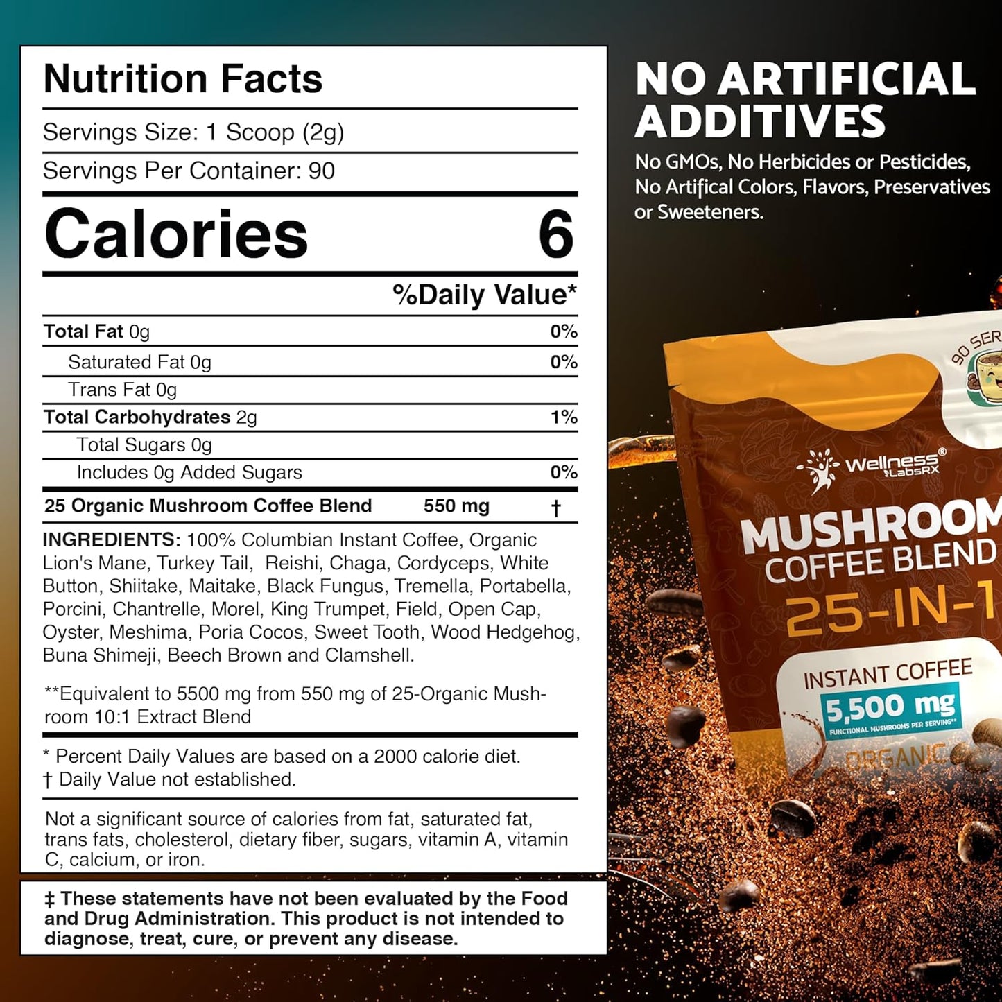 Mushroom Coffee Organic Instant Coffee, 25-in-1, Third-Party Tested Ke