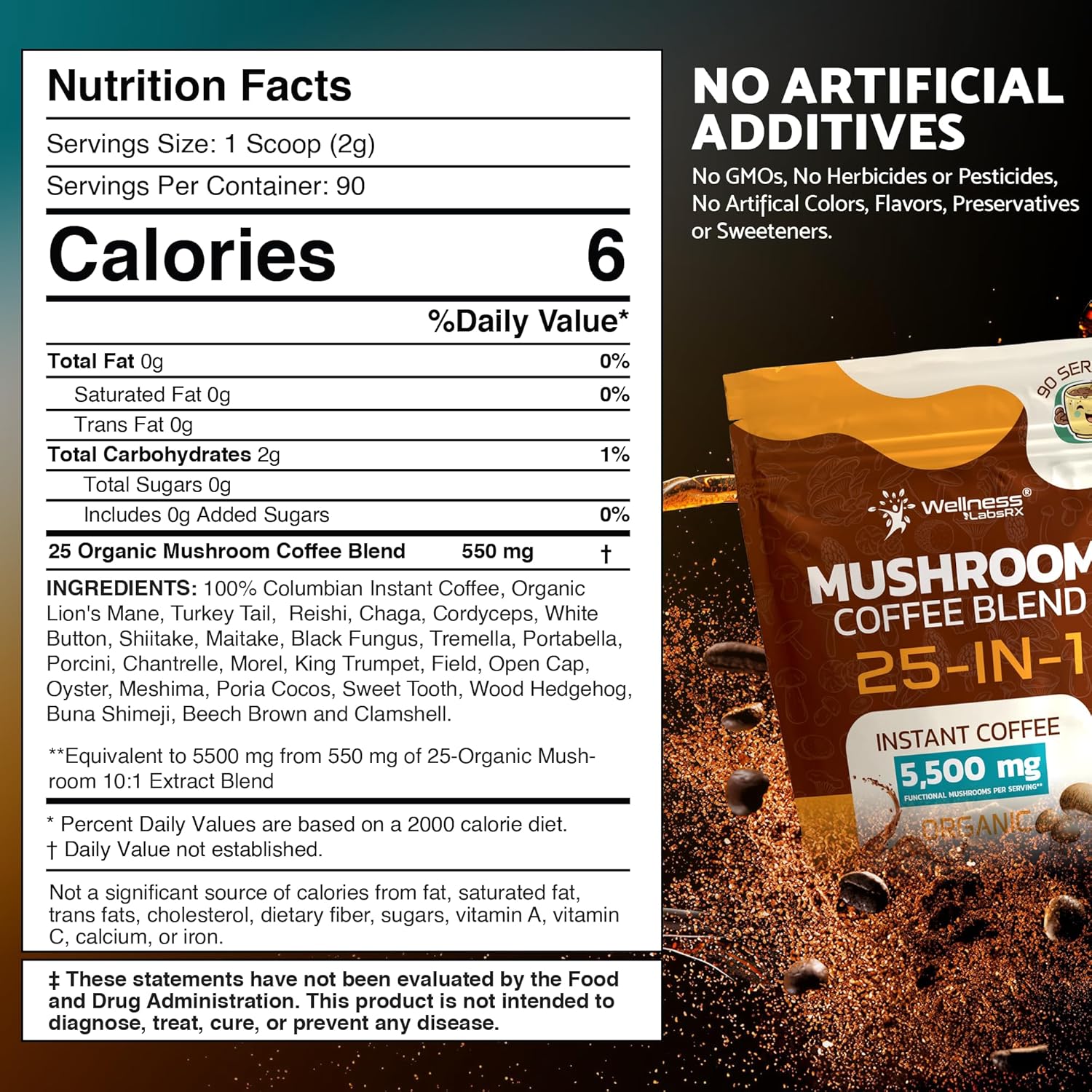 Mushroom Coffee Organic Instant Coffee, 25-in-1, Third-Party Tested Ke