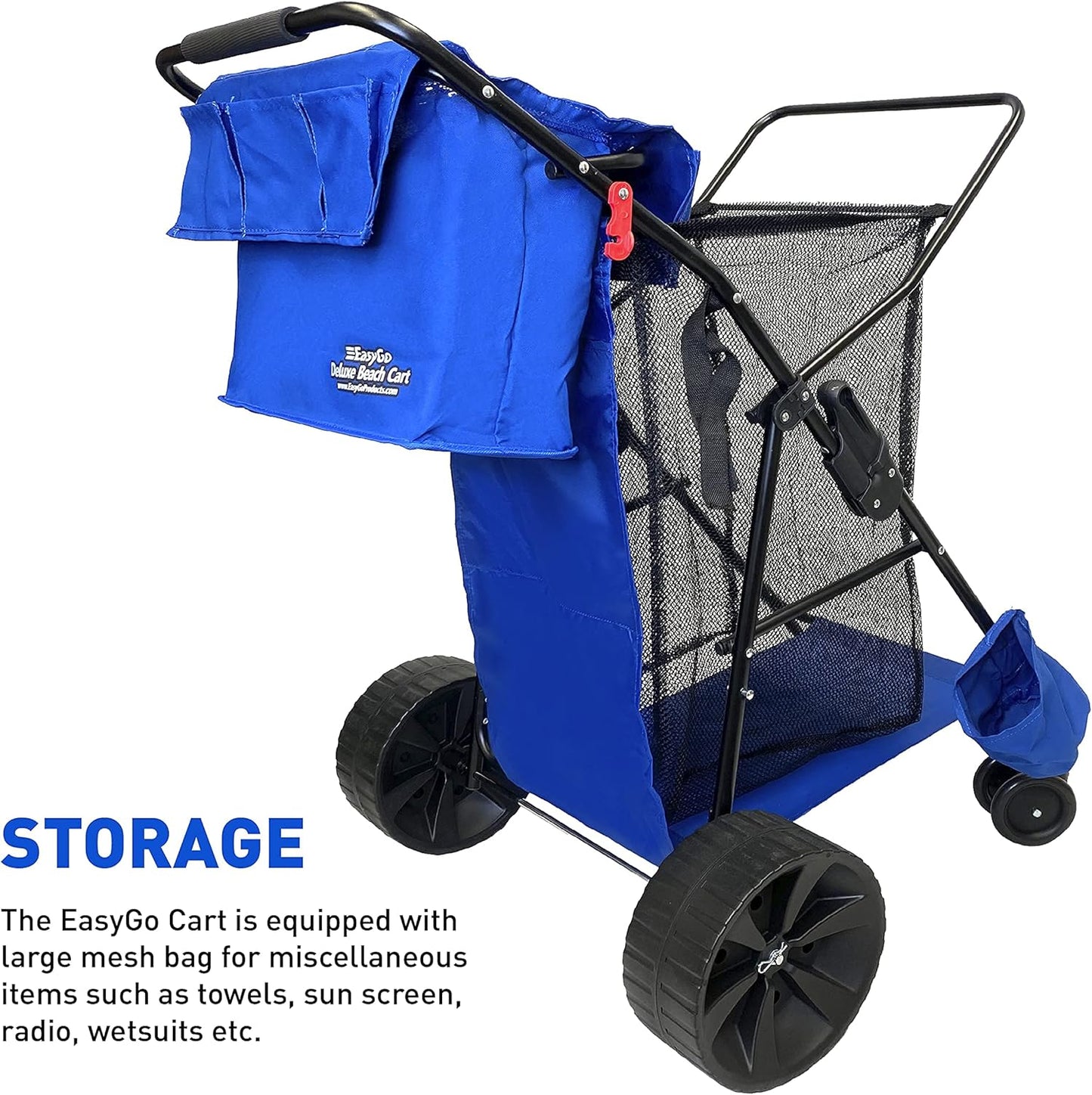 Beach Umbrella Wagon Cart Deluxe – Heavy Duty Folding Ocean Utility Cart – Large Sand Wheels – Holds 4 Beach Chairs – Storage Pouch -Holder –Removable Bag - Solid Blue