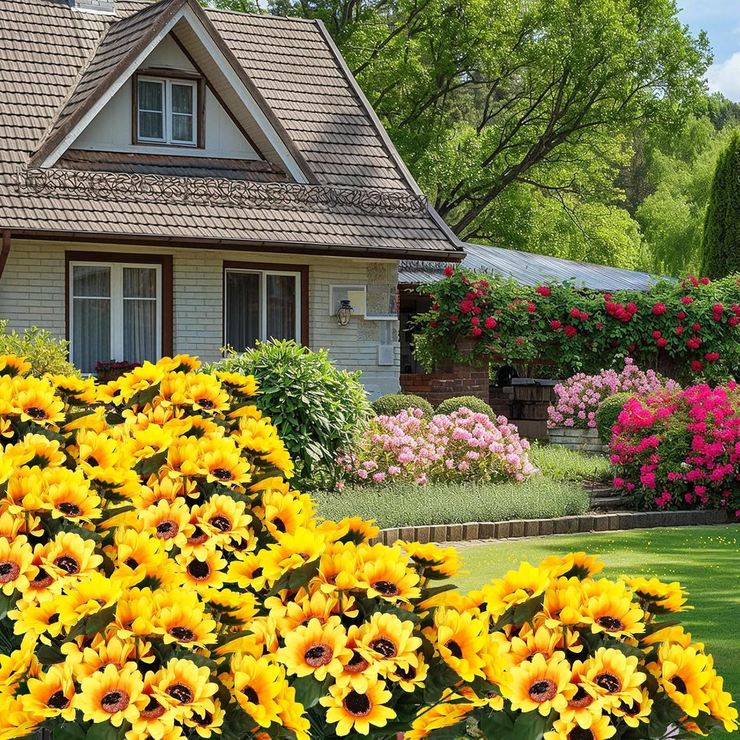 16 Bundles Sunflower Artificial Flowers for Outdoors, Indoor Yellow Fake Floral with Ground Spike for Door Yard Porch Patio Garden Window Box Office Table Kitchen Planter Pot Vase Flowerpot (A)
