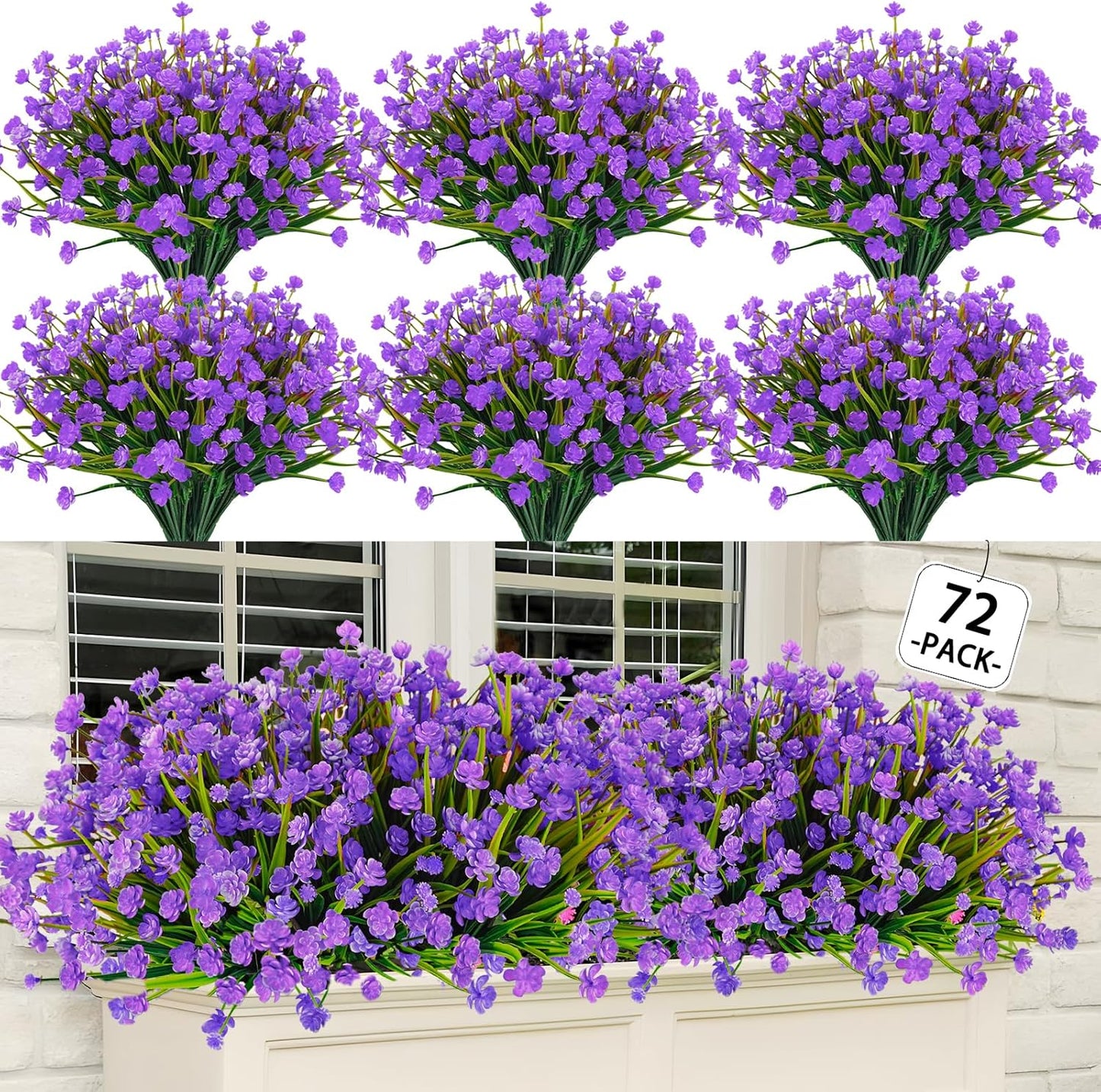 Artificial Flowers Outdoor, 72 Bundles UV Resistant Faux Outdoor Flowers, Plastic Fake Plants Shrubs Greenery for Outside Planters Hanging Pot Front Porch Decor(Purple)