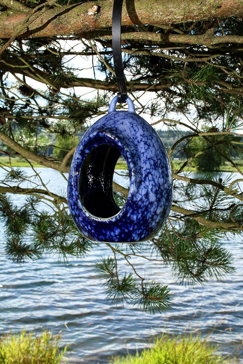 Byer of Maine Egg Fly Through Bird Feeder for Outside, Easy to Refill, High Fired Porcelain Stoneware with Glossy Glaze, 2lbs, Mottled Blue, 8”x6”x7”
