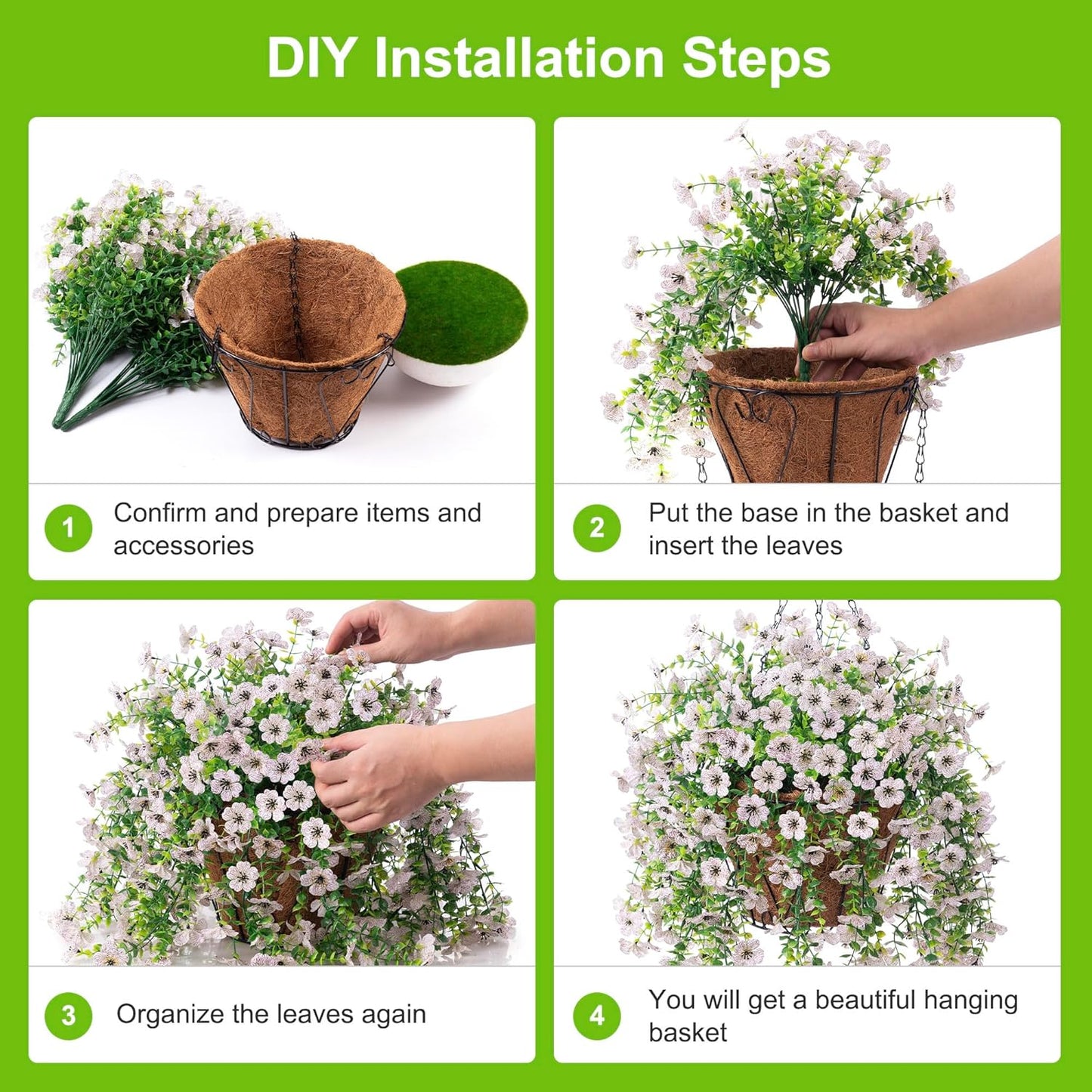 Artificial Fake Hanging Flowers Plants with Basket Spring Outdoor Decor,Faux Silk Flowers with Eucalyptus in Planter No Fade Flower in Basket for Farmhouse Home Garden Porch Patio Balcony(White)