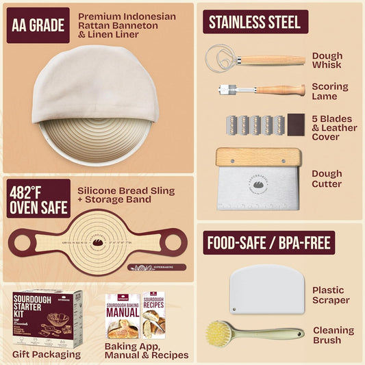 Superbaking Sourdough Starter Kit, 9" Round Banneton Bread Proofing Ba