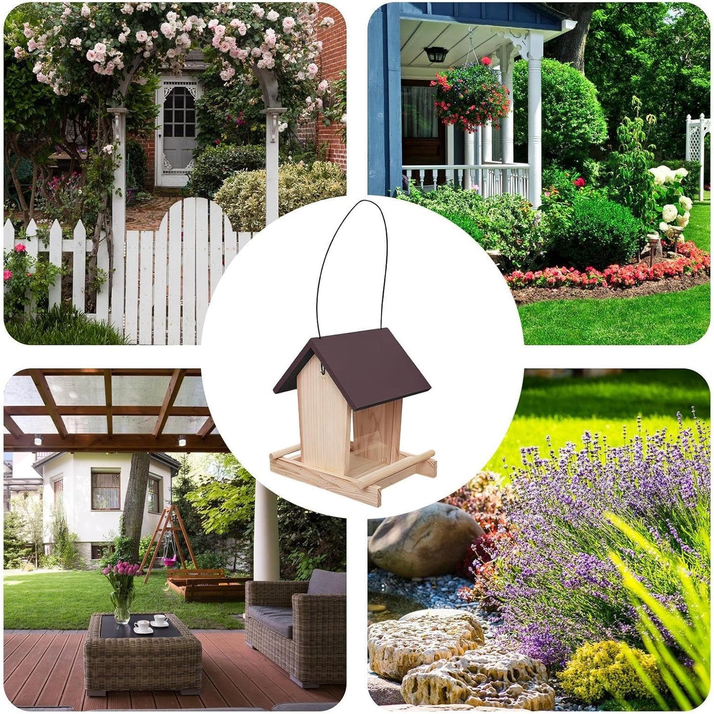 Standing Bird Feeder - Wooden Pole Design, Treat Bowl with Hanging Rope, Bird House with Stable Base, Garden Accessories, Feeding Station for Backyard Patio, 8.07 x 6.50 x 8.27 inch