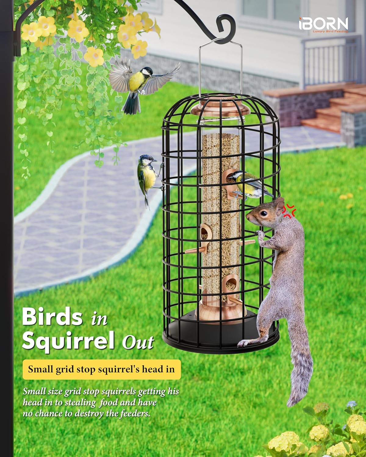 iBorn Bird Feeders Hanging - Squirrel Proof Bird Feeders for Outdoors, Pigeon Proof Caged Feeder, Heavy Duty All Metal Copper 14 Inch, Hanging Cage Feeder for Mix Seed Blends & Garden
