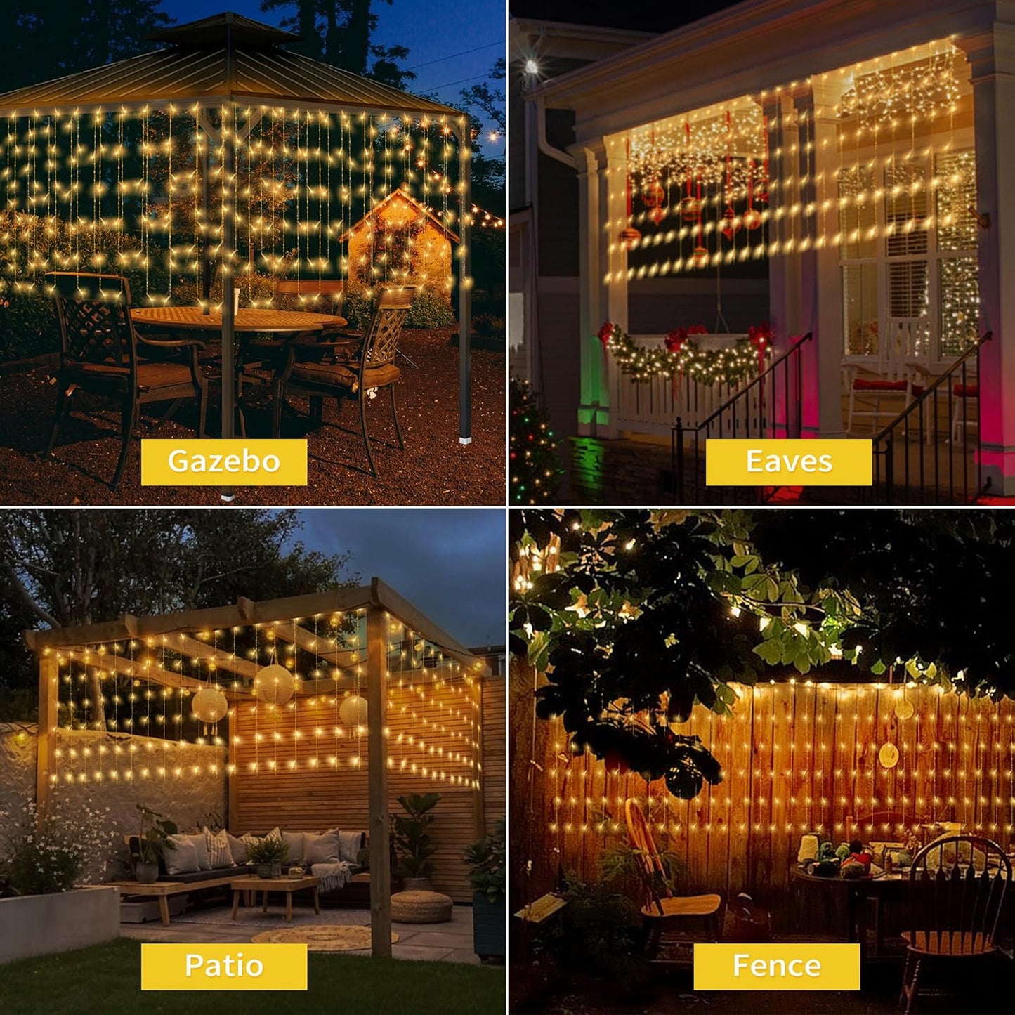 32.8 * 3.28FT Large Size Solar Curtain Icicle Lights Outdoor, 8 Modes Outdoor String Icicle Curtain Lights, Solar Christmas Garden Light for Patio, Gazebo, Eaves, Fence, Tree, Porch (Warm White)