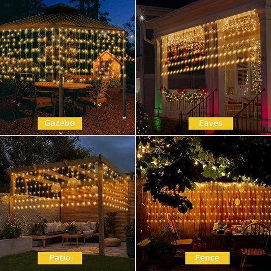 32.8 * 3.28FT Large Size Solar Curtain Icicle Lights Outdoor, 8 Modes Outdoor String Icicle Curtain Lights, Solar Christmas Garden Light for Patio, Gazebo, Eaves, Fence, Tree, Porch (Warm White)