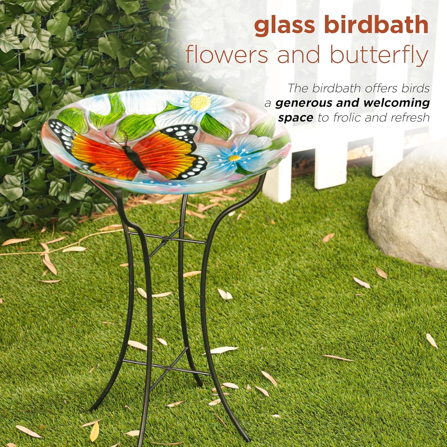 Alpine Corporation 26" Tall Outdoor Glass Floral Butterfly Birdbath with Metal Stand and Detachable 18" diam Bowl, Garden Decor, Orange