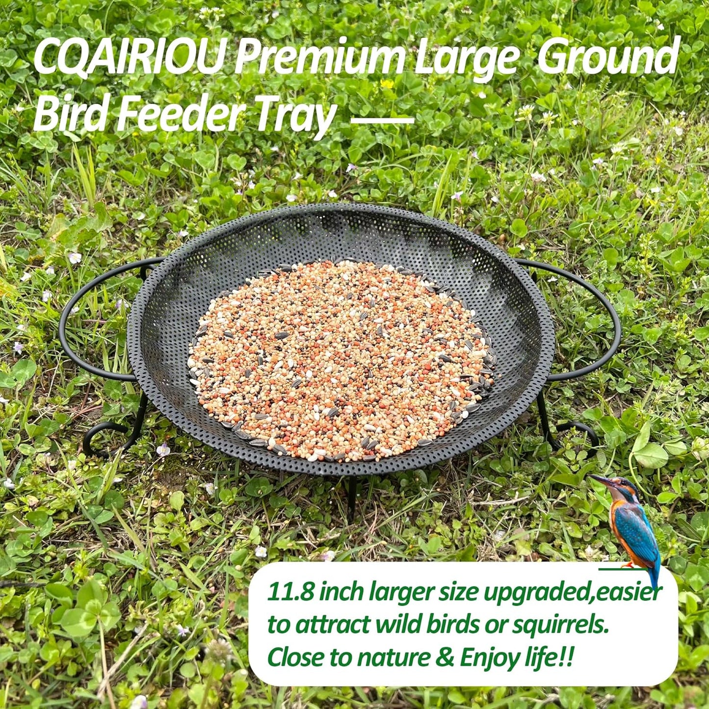 Upgraded Ground Platform Bird Feeder Tray,11.8” Stainless Steel Large Bird Feeder Mesh Seed Tray with A Exquisite Tray Station,Attract Wild Birds,Great Decoration for Garden Backyard