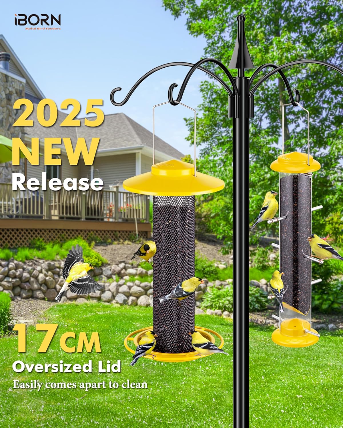 iBorn Finch Feeders for Outside,Thistle Bird Feeders for Outdoors Hanging,Nyjer Seed Feeder,Metal Mesh Tube Bird Feeder 13.5 Inch with 17cm Weatherproof Large Roof and Tray,2 LB Capacity,Yellow
