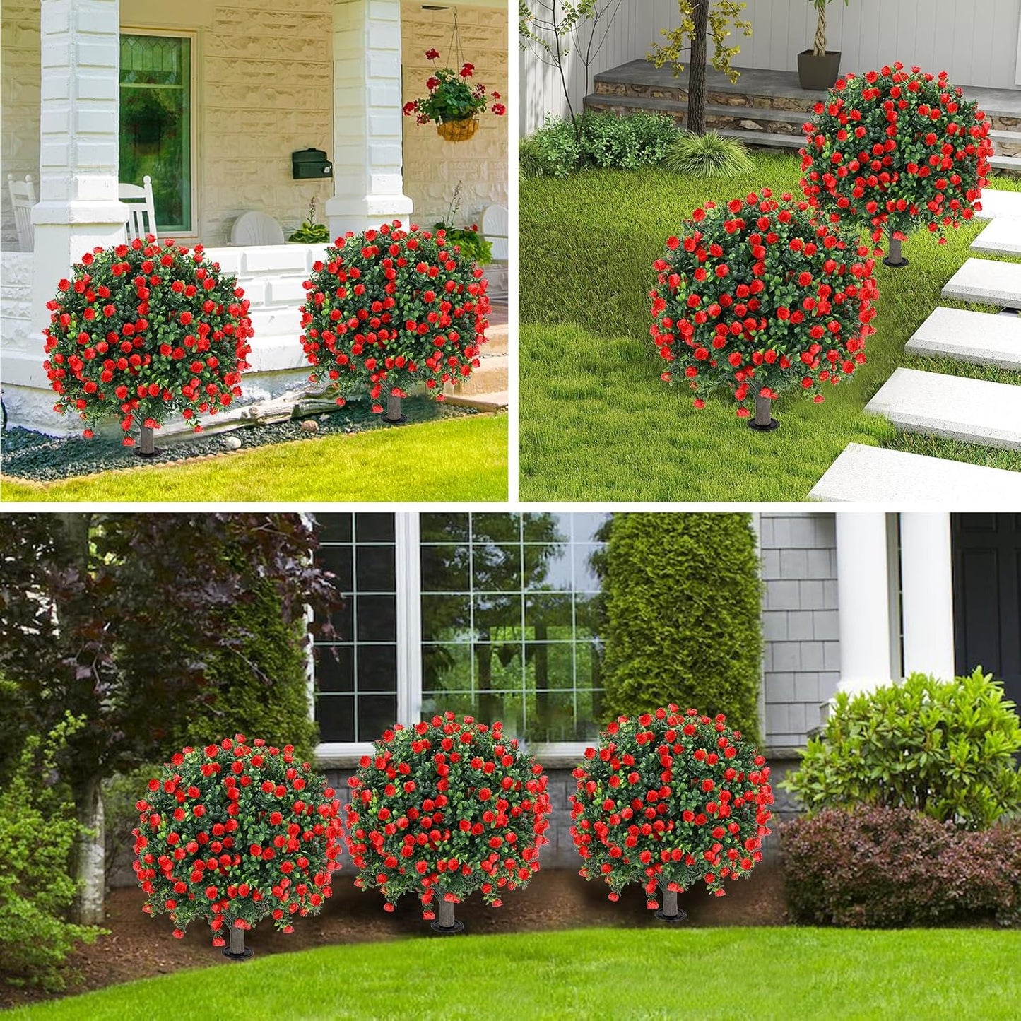 Artificial Red Rose Topiary Ball Tree 25" with Ground Spike, Set of 2 
