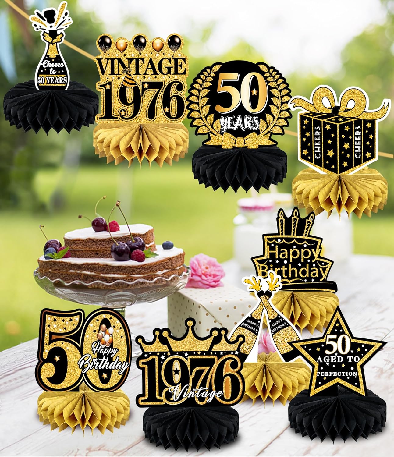 9 Pcs 50th Birthday Decoration for Men Women 50th Birthday Table Decorations Cheers to 50th Birthday Honeycomb Centerpieces Table Topper Black and Gold 50th Birthday Party Favors