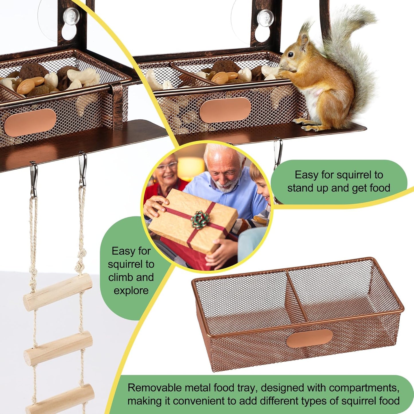 Enhon Window Squirrel Feeder, Metal Squirrel Feeders for Outside Winter with Strong Suction Cups & Ladders, Safe Funny Chipmunk Feeder, Feeding Shelter for Squirrels for Corn Peanuts