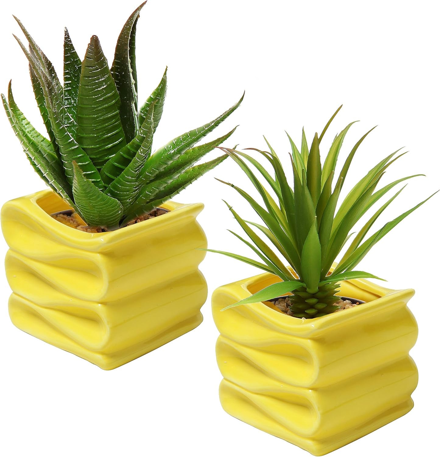 MyGift 4-Inch Yellow Ceramic Mini Succulent Plant Pot, Modern Decorative Planters with Candy Ribbon Design, Set of 2
