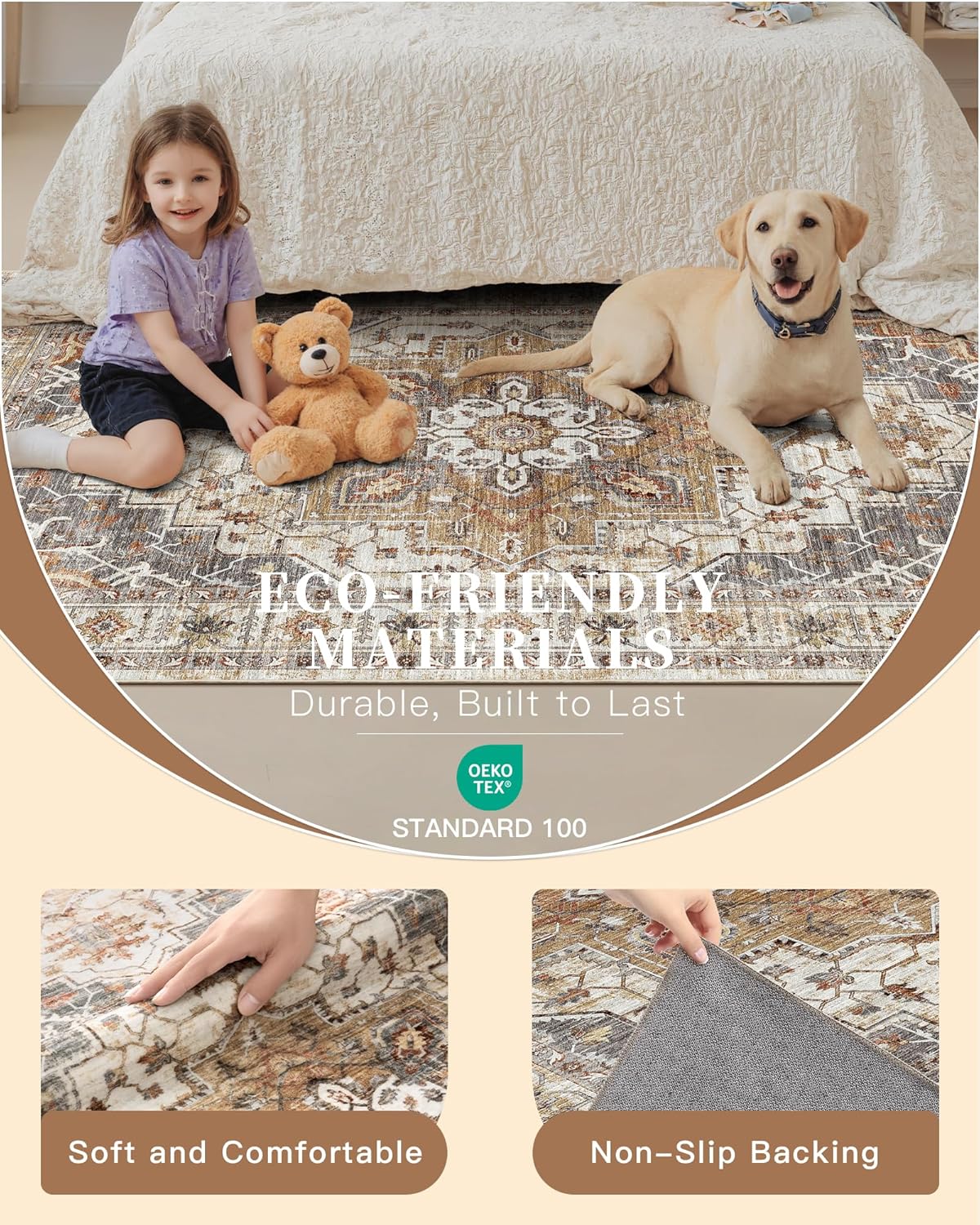 Madane Runner Rug 2x8, Washable Hallway Runner Rugs, Non-Slip Low-Pile Soft Kitchen Rug Runner Laundry Room Rug, Vintage Throw Entry Foyer Mat for Entrance Living Room (Turmeric/Grey, 2 x 8)