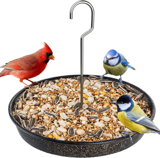 iBorn Hanging Bird Feeder Tray, Metal Mesh Bird Feeder Bowl with Thick Metal Hanger, Sturdy & Durable for Outdoors, Easy to Refill & Clean, Pack of 1, Black