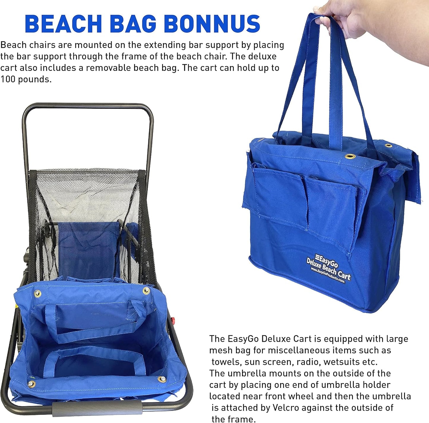 Beach Umbrella Wagon Cart Deluxe – Heavy Duty Folding Ocean Utility Cart – Large Sand Wheels – Holds 4 Beach Chairs – Storage Pouch -Holder –Removable Bag - Solid Blue