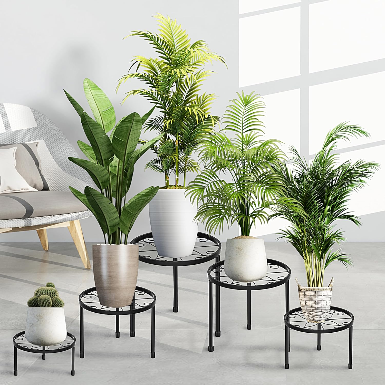 CADANI 5 Pack Metal Plant Stands for Outdoor Indoor, Anti-Rust Iron Fl