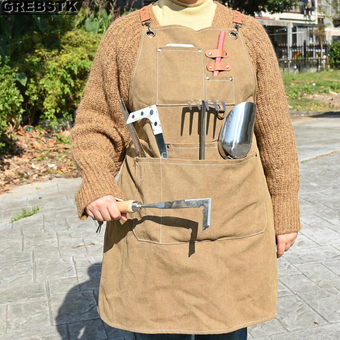 GREBSTK Work Apron Cross Back Adjustable Canvas Tool Apron for Woodwor
