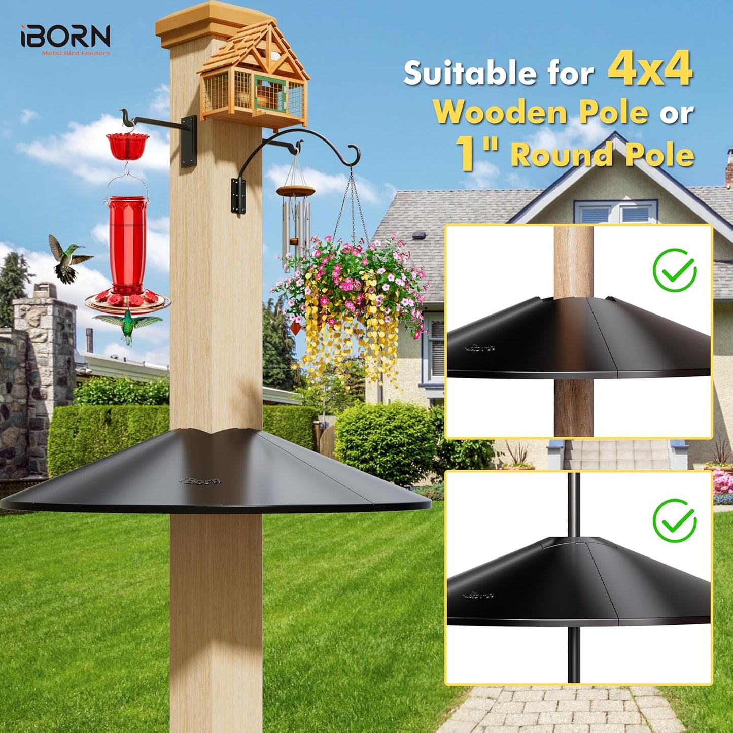 iBorn Squirrel Baffle for Bird Feeder Pole, Baffle for 4x4 Post, 22inch Oversized Squirrel Defender Stopper, Polycarbonate(PC), Dual Compatible Post/Pole Mount Guards, Pack of 1, Black