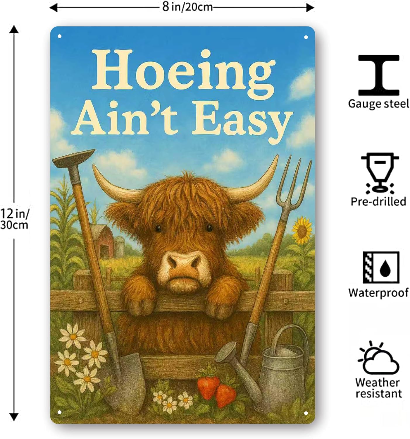 “Hoeing Ain’t Easy” Garden Sign, Funny Highland Cow Metal Yard Signs f
