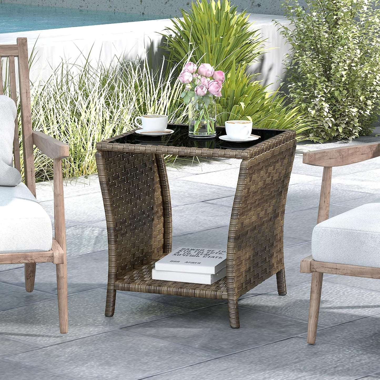 Outdoor Wicker Side Table Rattan Side Tables End Table for Patio with 