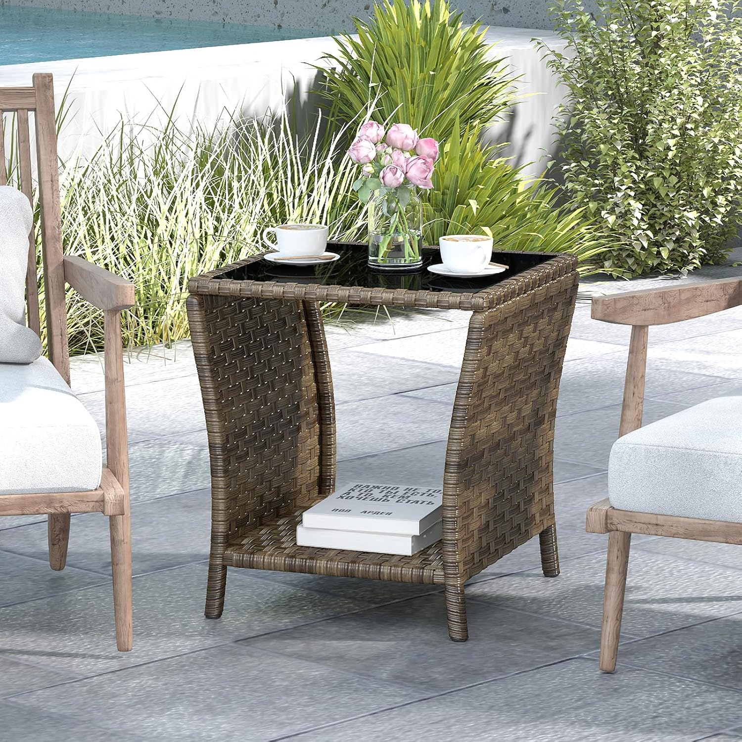 Outdoor Wicker Side Table Rattan Side Tables End Table for Patio with 