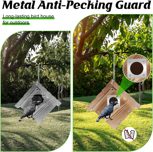 Dreyoo 1 Pack Wren House with Metal Guard, 1-1/8'' Entrance Hole Hanging Wren Bird Houses for Outside for Nesting with Air Vents, Pine Wood for Chickadees, Charcoal