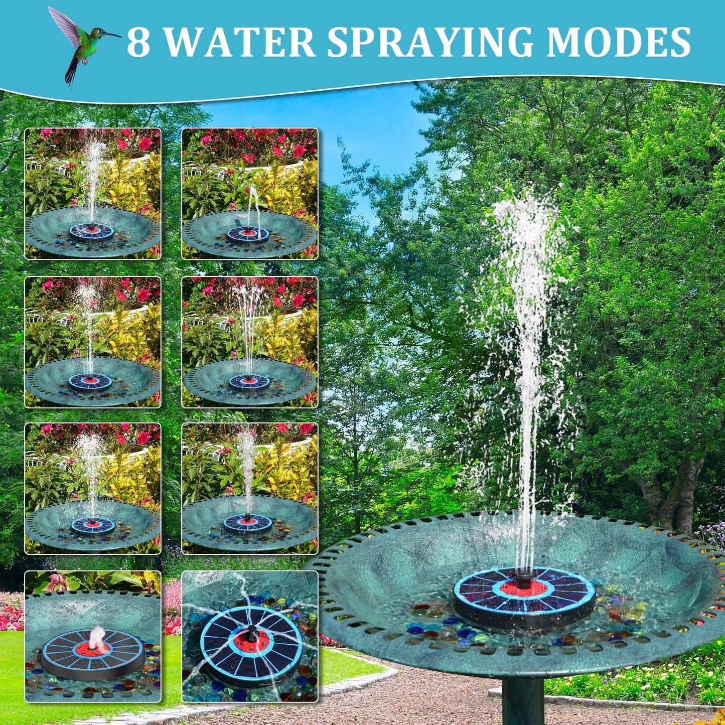 Solar Bird Bath Fountain,Upgrade 3.5W Glass Panel Solar Fountain with 2200mAh Backup Battery, Colorful LED Lights,8 Spray Mode, 4 Fixed Rods for Garden, Pond, Pool,Patio Outdoor Water Feature