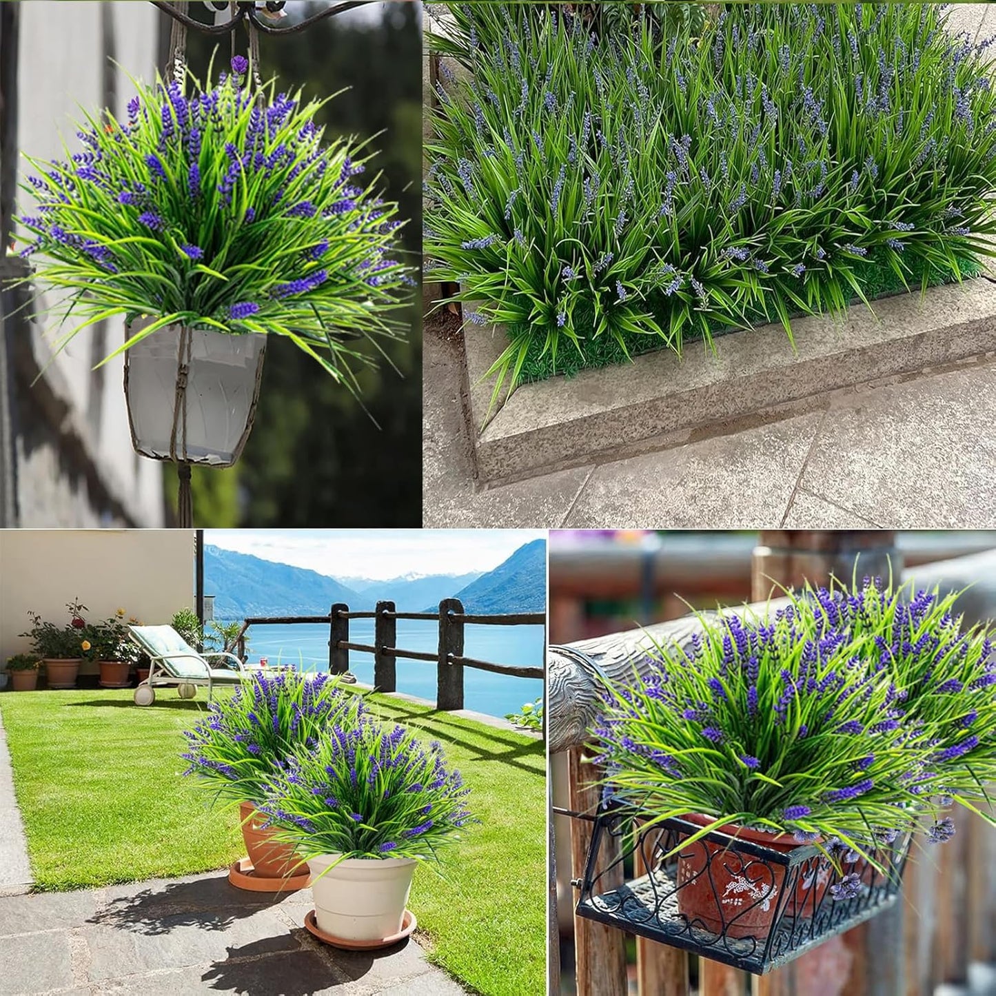 Toprooms 12 Bundles Artificial Plants Outdoor, Fake Monkey Grass with Flowers for Pot UV Resistant Greenery Stems Flowers Shrubs Home Garden Porch Patio Hanging Planter Office Decor (Purple)