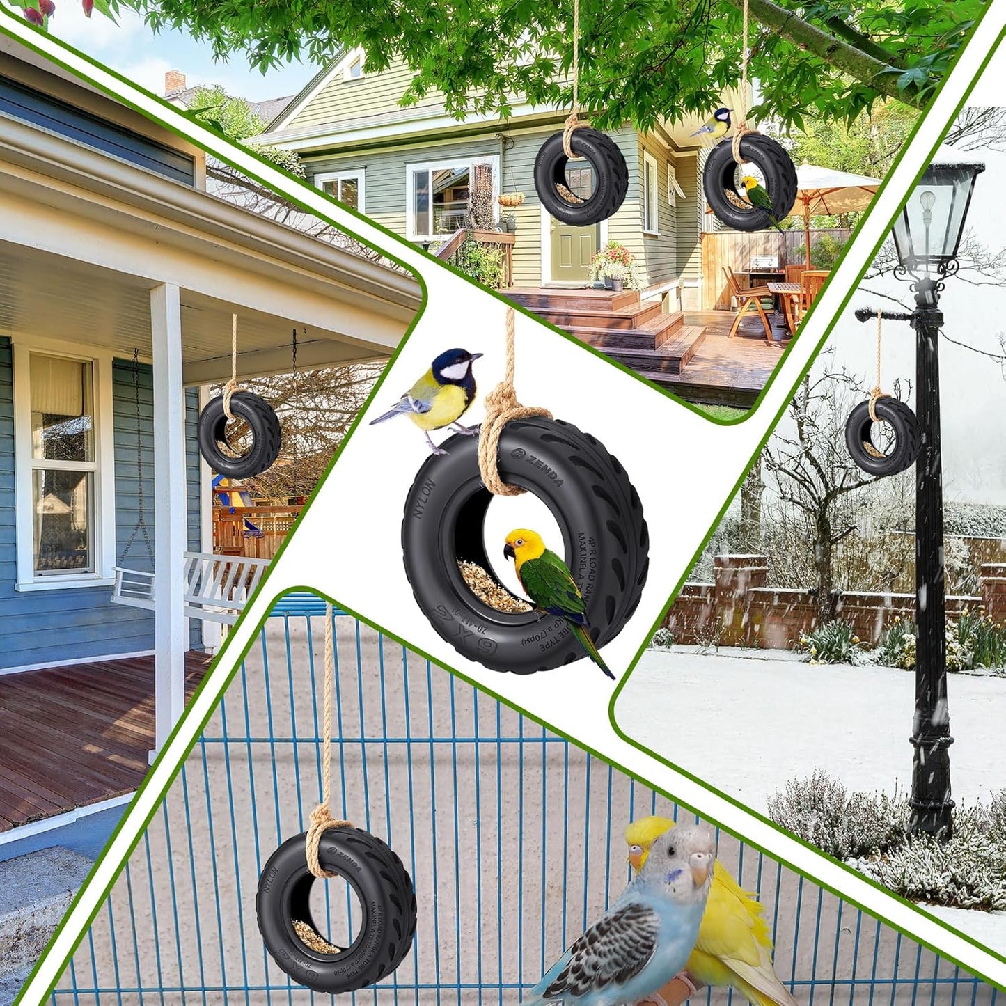 2 Pcs Tire Swing Bird Feeder for Outdoor Hanging 6 x 2 Inches with Rope Special Tire Bird Feeder Seed Catcher for Funny Swing Outside Gift Spring Gifts