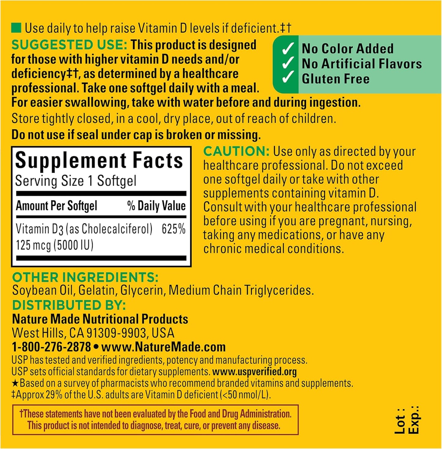 Nature Made Vitamin D3 5000 IU (125 mcg) Softgels, Extra Strength Vita