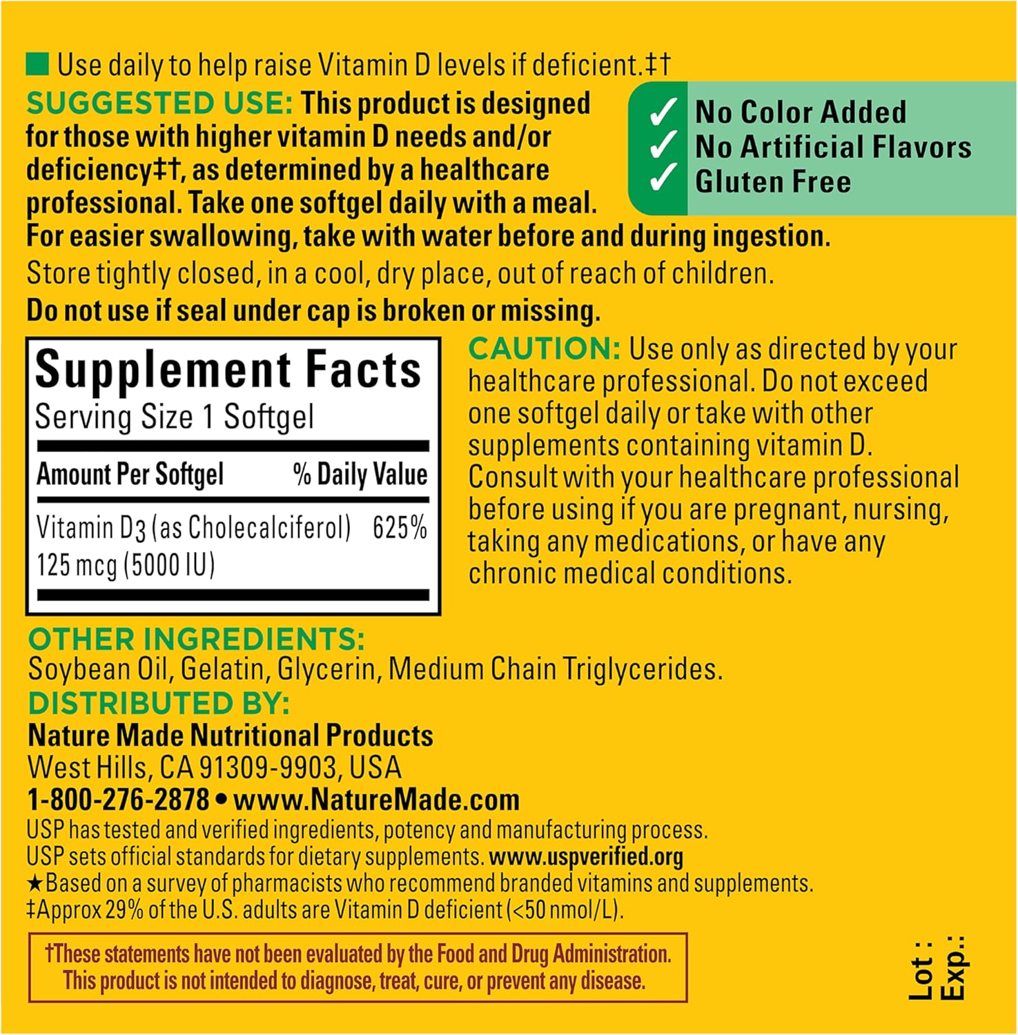 Nature Made Vitamin D3 5000 IU (125 mcg) Softgels, Extra Strength Vita