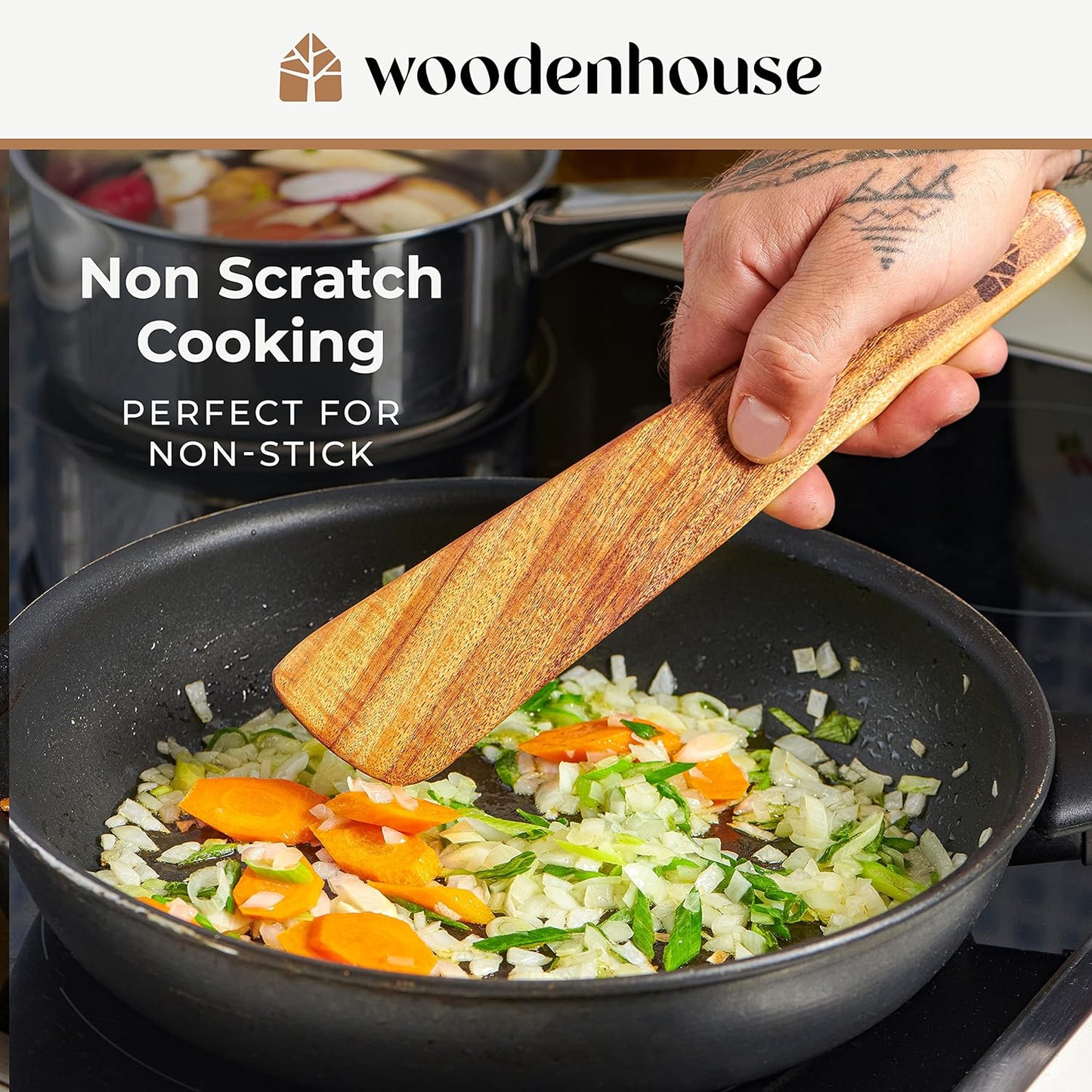 Woodenhouse Wooden Spatula for Cooking, Teak Spatulas for Kitchen Use - Wooden Cooking Utensils Set of 4 including Paddle, Turner, Slotted Spurtle and Wood Scraper. Nonstick cookware