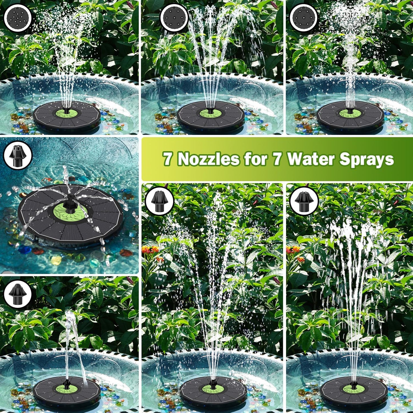 SZMP Upgraded 3.5W Full Glass Panel Solar Fountain for Bird Bath, Floating No-Installation Solar Powered Water Fountain Pump with 7 Nozzles, for Garden, Pond Decor (Black)