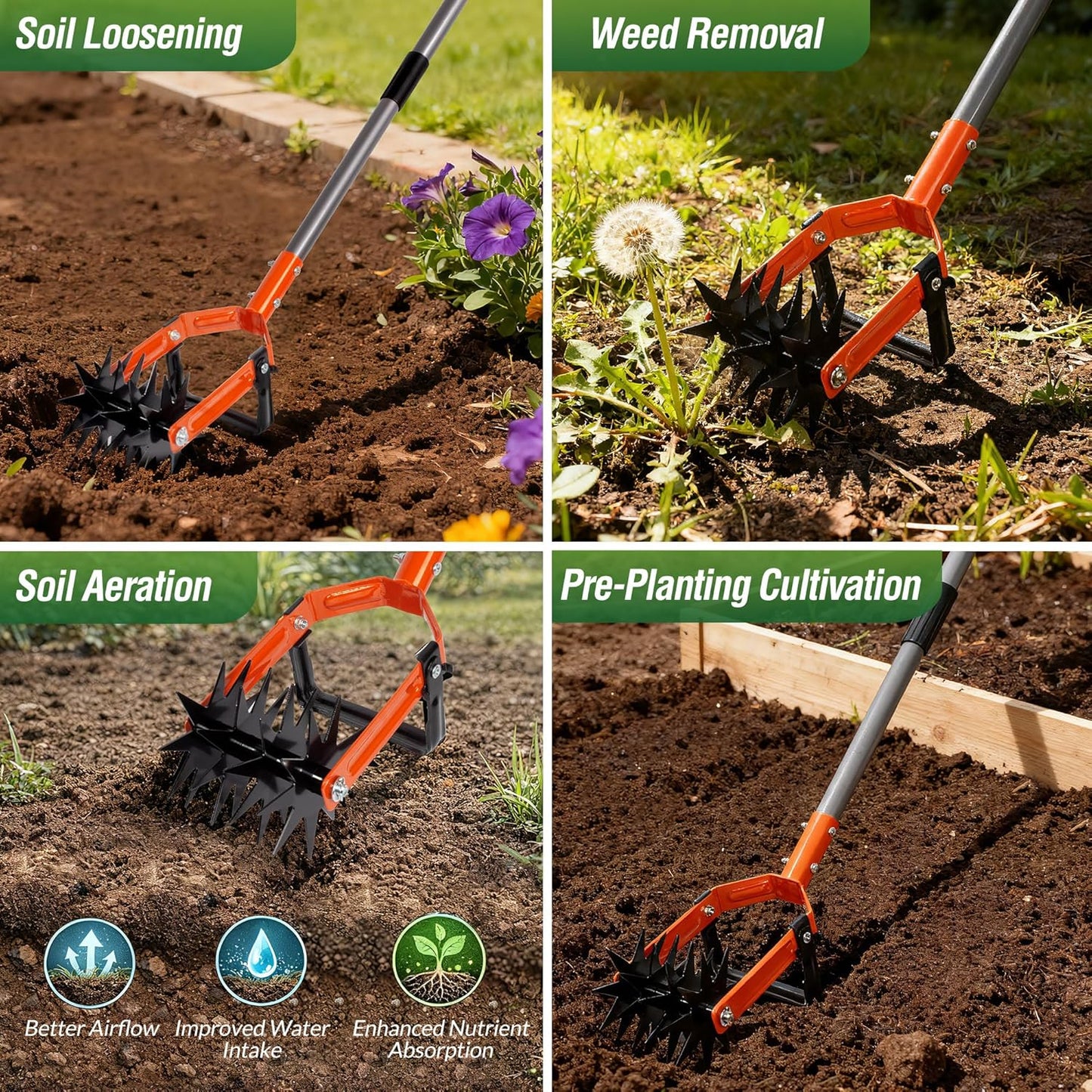 Walensee Rotary Cultivator Garden Tool, Adjustable Long Handle Hand Ti