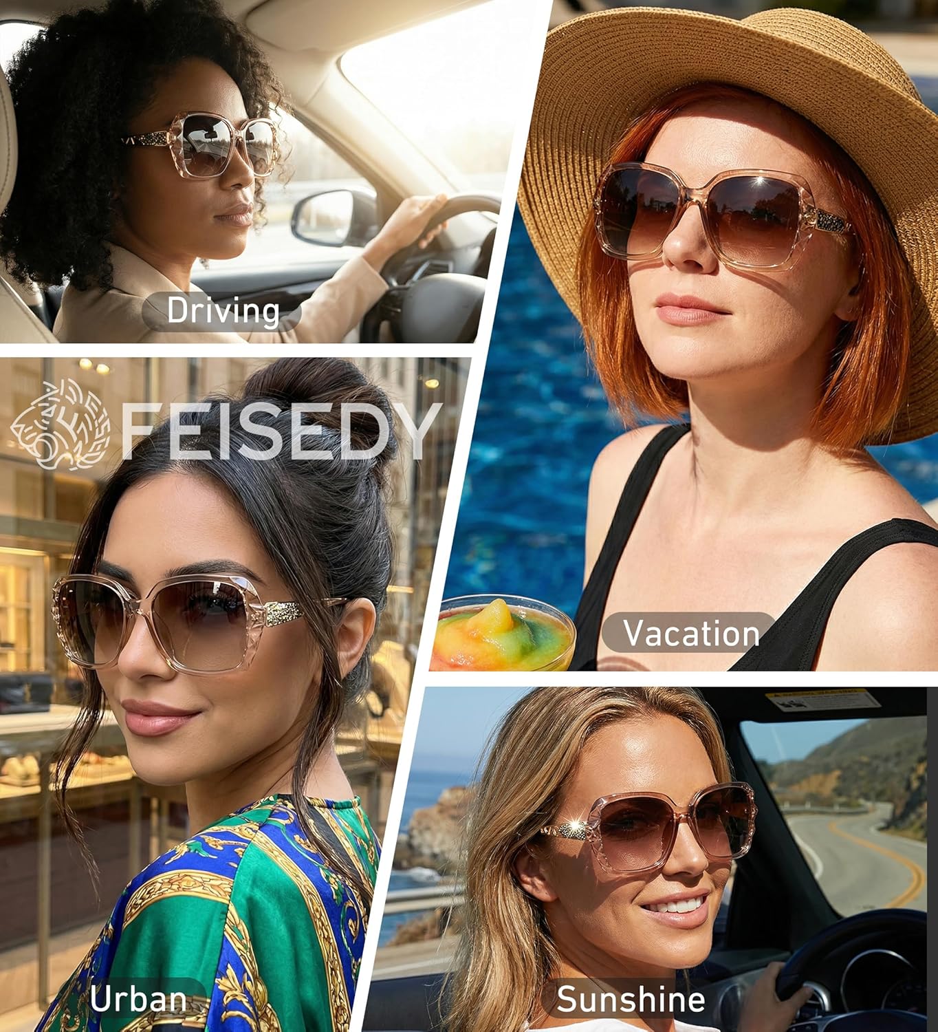 FEISEDY Polarized Women Square Sunglasses Sparkling Composite Shiny Fr
