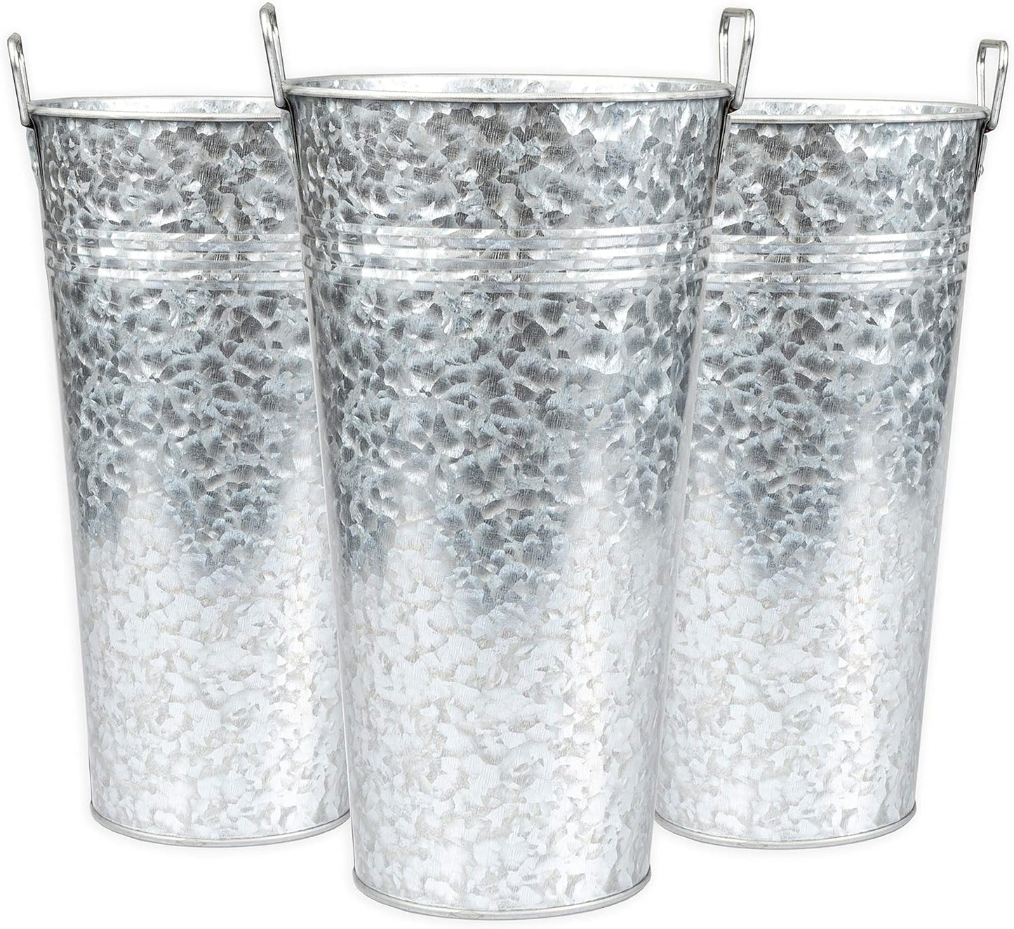 Ilyapa Galvanized Metal Flower Vase 3 Pack - 13" Tall Rustic Farmhouse Bucket Planter Pots