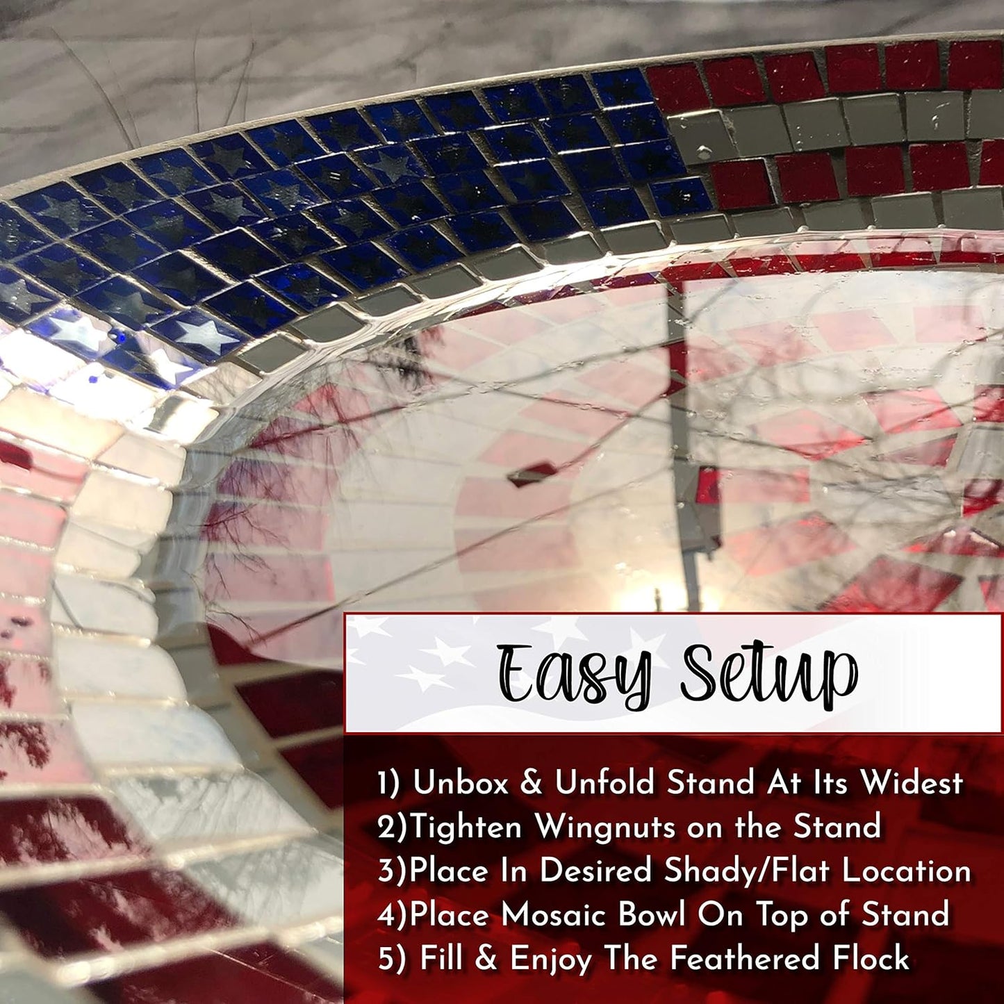 Backyard Expressions Handpainted Glass Bird Bath with Metal Stand for Outdoor, Patio, Garden - American Flag Design