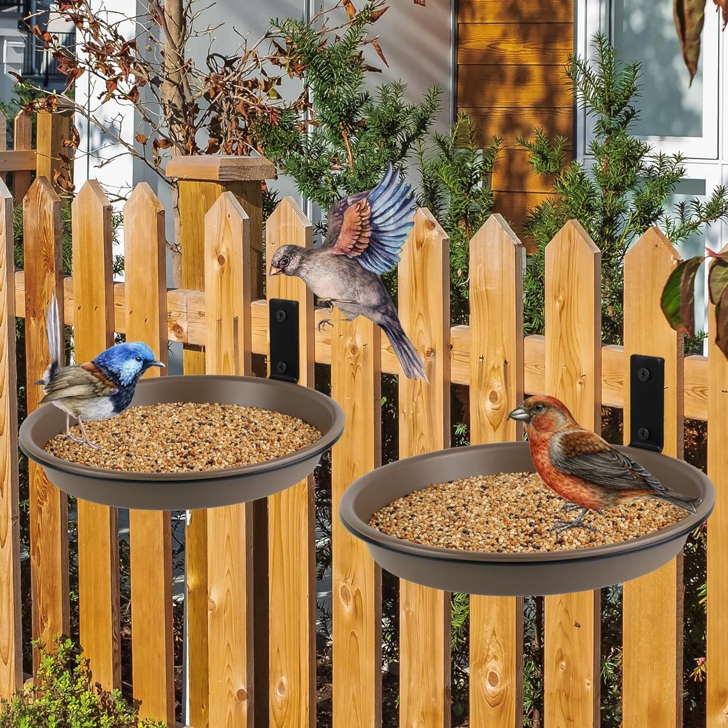 2 Pack Fence Bird Feeder Bath Tray for Outside, 8.4'' Plastic Wild Bird Bath Bowl with Metal Holder for Wood Post, Heavy Duty Wall Tree mounted Pet Squirrel Water Feeder Station Outdoor Garden
