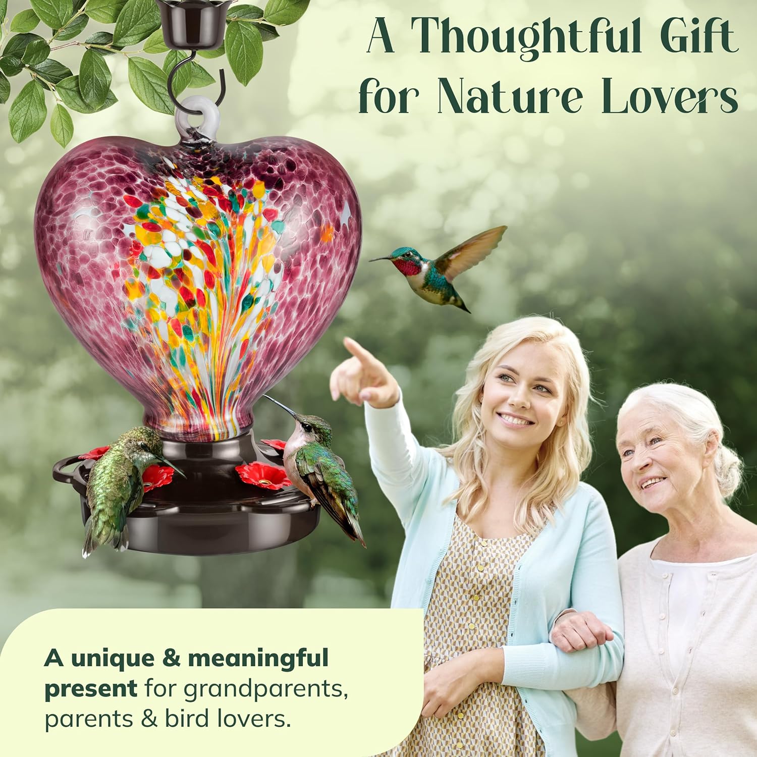 Hand Blown Glass Hummingbird Feeder for Outdoors All Season Use - 28 F